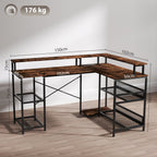 L Shaped Gaming Desk with LED Lights and Power Outlets, 150cm Corner Computer Desk with Monitor Stand and Storage Shelves, Home Office Desk for Small Space, Rustic Brown