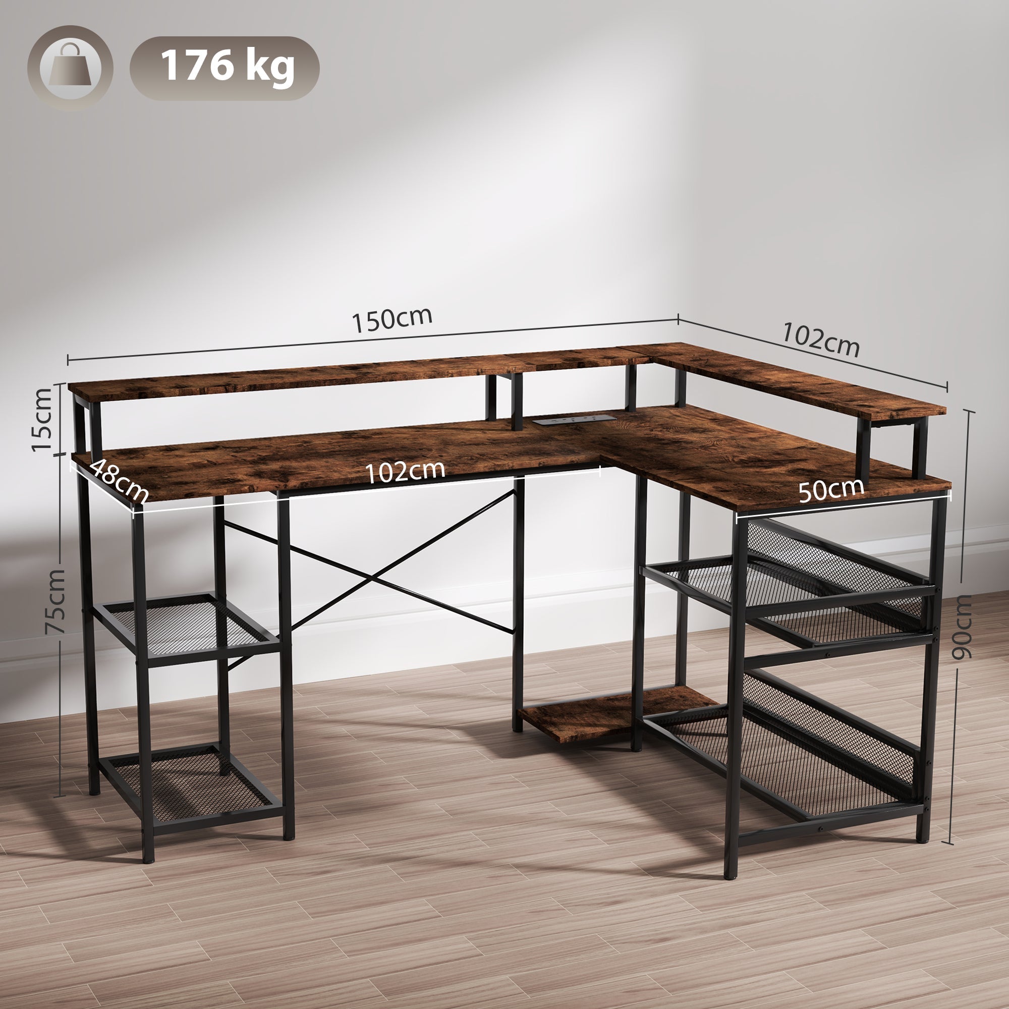 L Shaped Gaming Desk with LED Lights and Power Outlets, 150cm Corner Computer Desk with Monitor Stand and Storage Shelves, Home Office Desk for Small Space, Rustic Brown