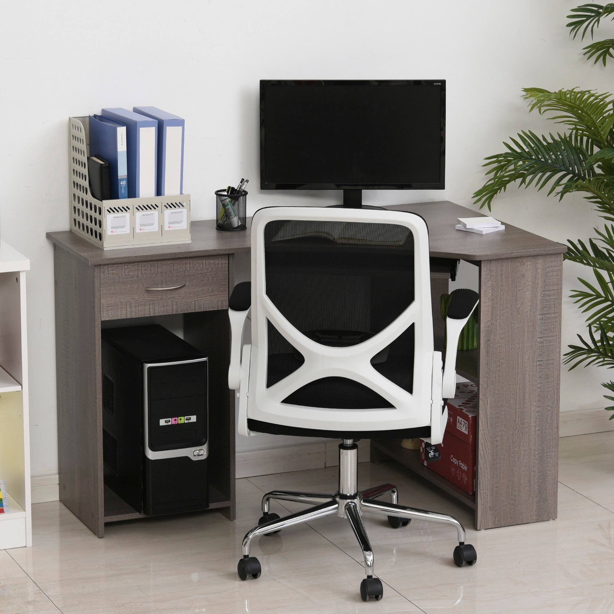L-Shaped Corner Computer Desk with 2 Shelves, Wide Worktop, Keyboard Tray, Drawer and CPU Stand, Home Office Study Bedroom Furniture, Grey