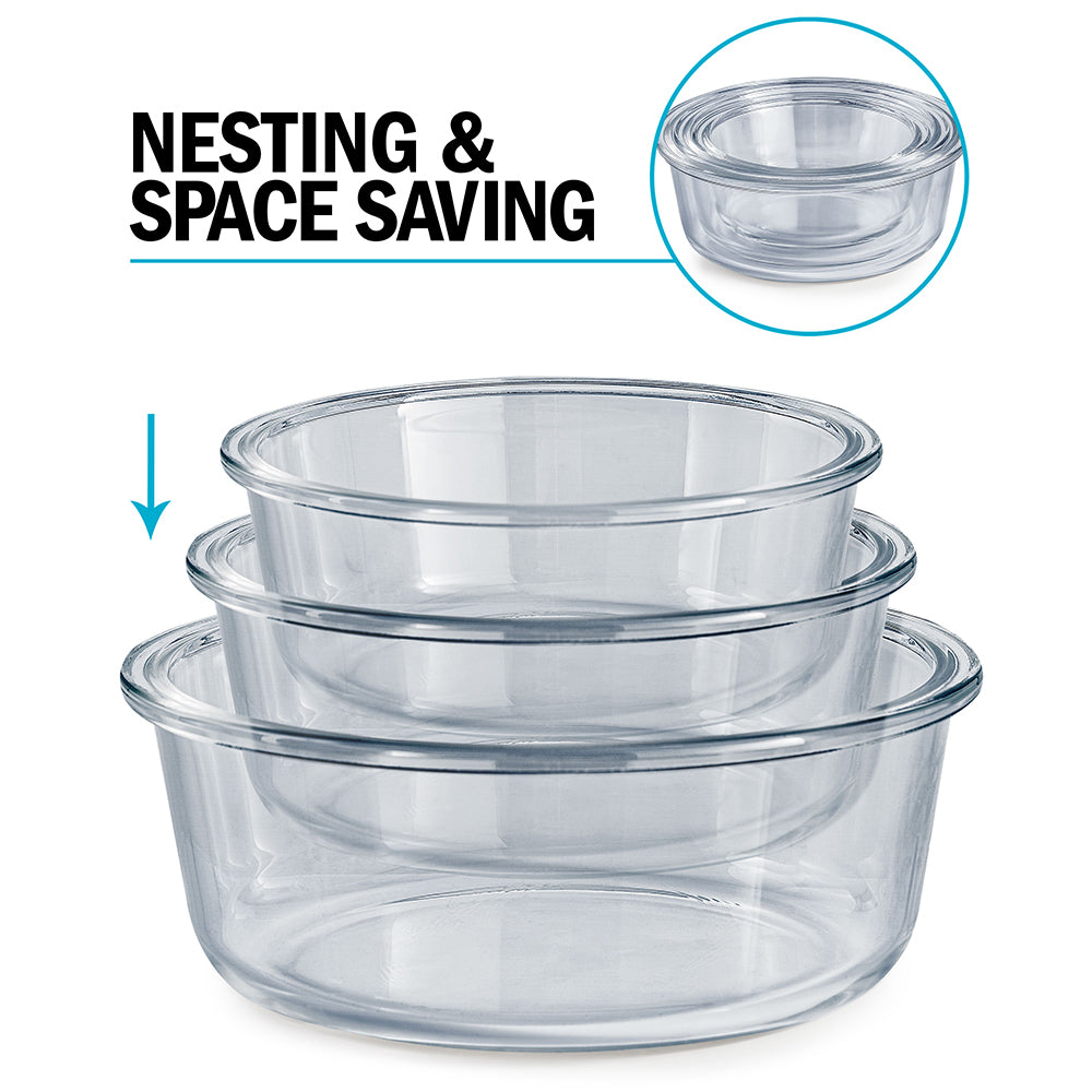 Glass Stackable Round Containers - 950ml 650ml & 400ml - 3 PACK