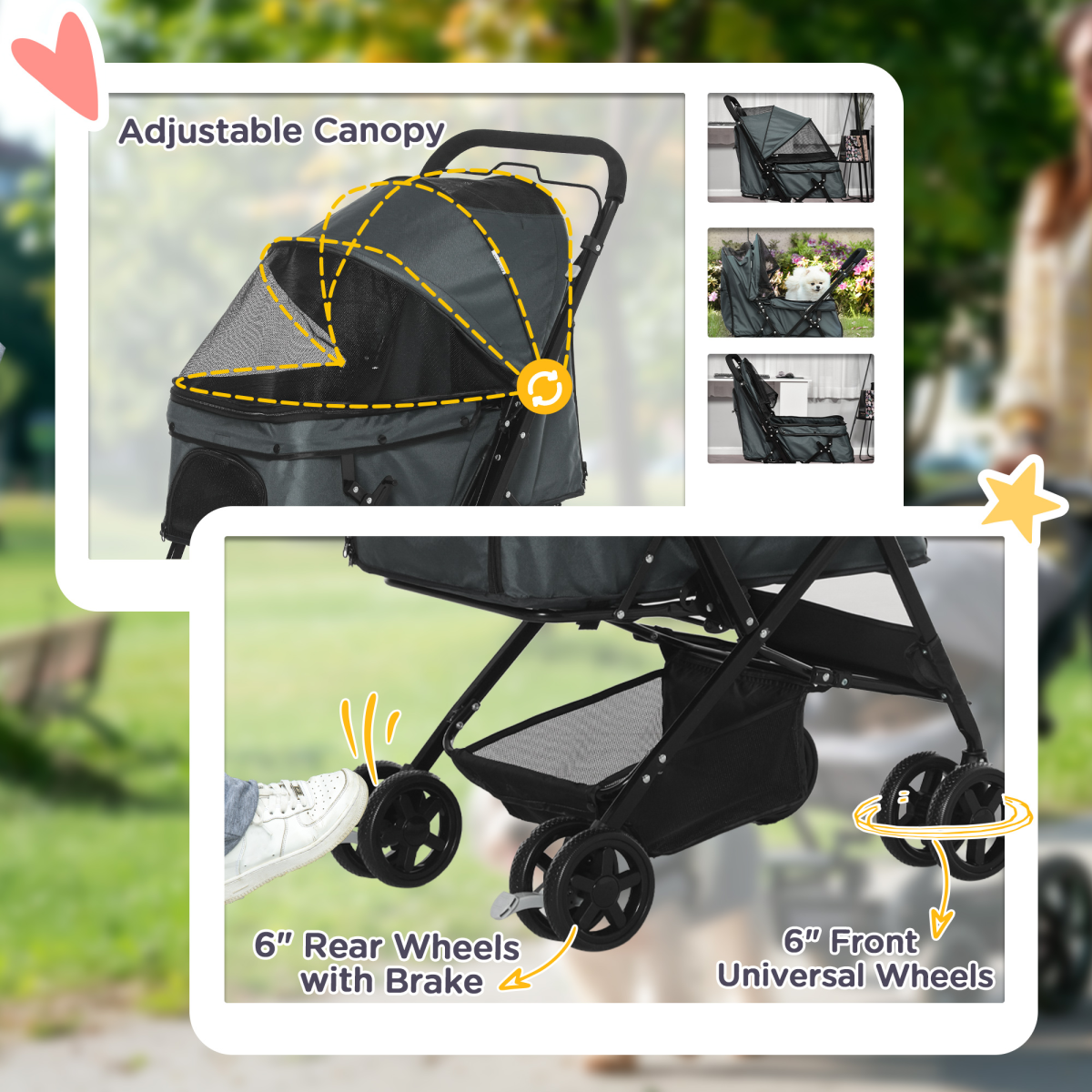 Pet Stroller - Foldable Dog Carriage w/ Reversible Handle - Grey