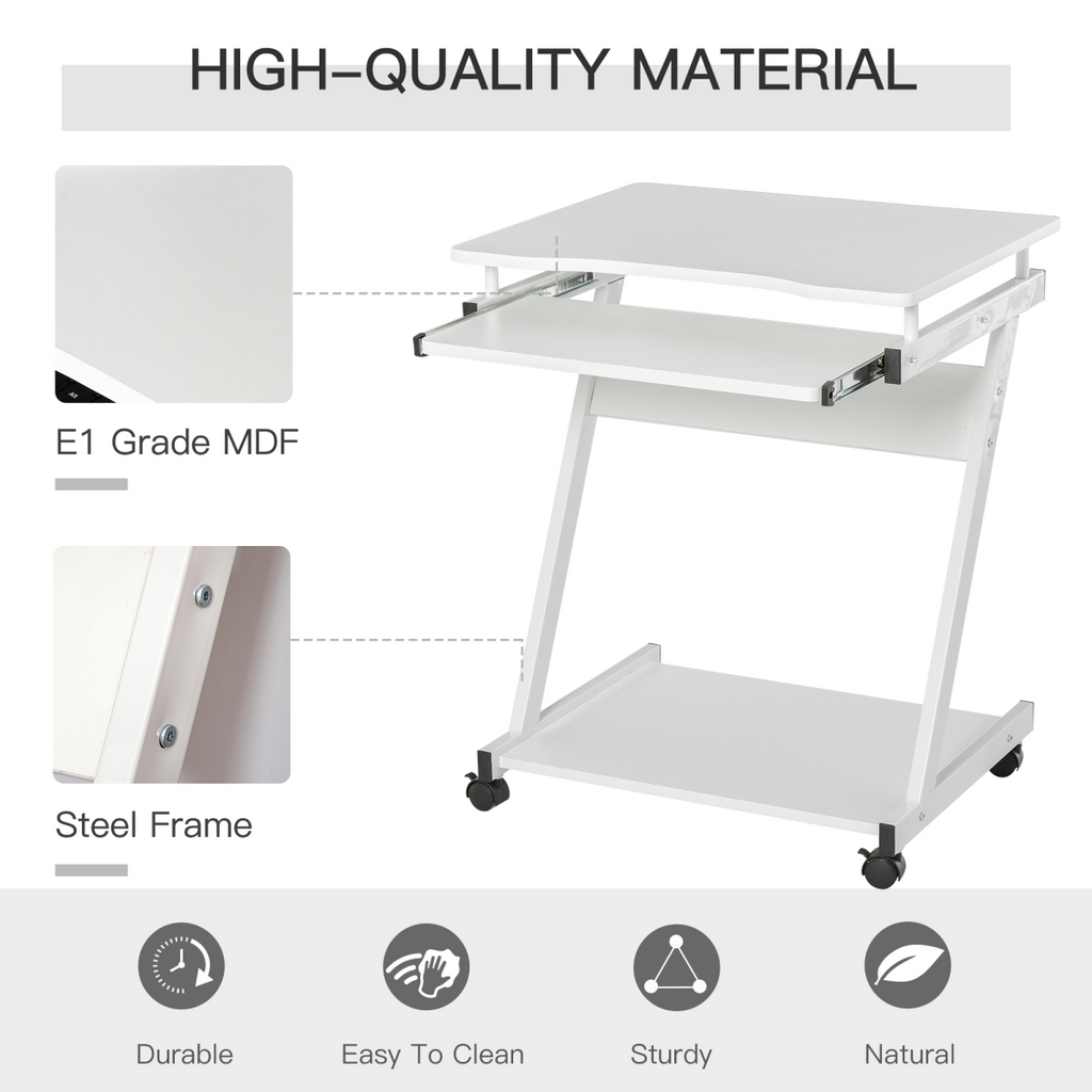 Movable Computer Desk with 4 Moving Wheels Sliding Keyboard Tray White