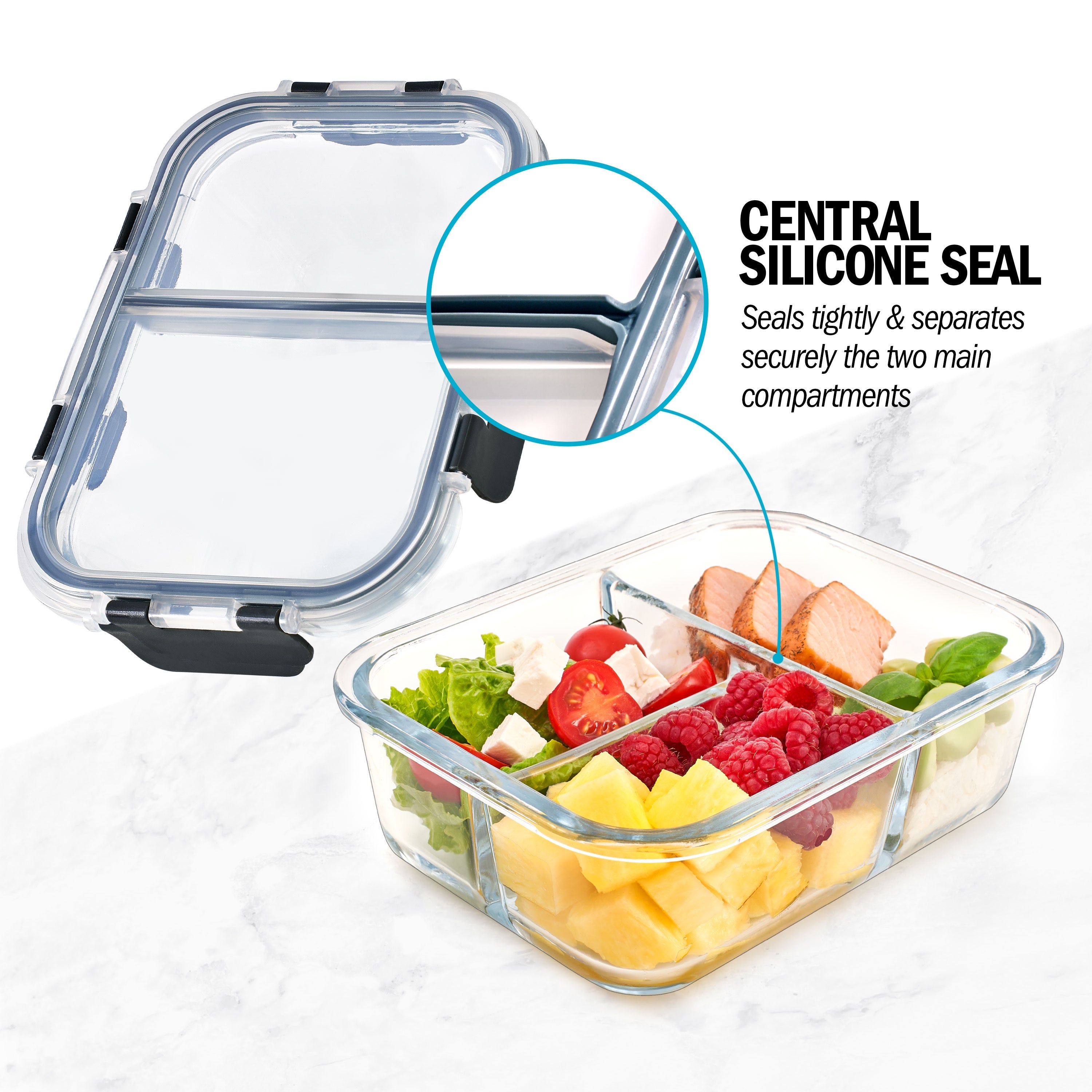 3-Compartment Glass Containers with Airtight Lids 980ml 3 Pack