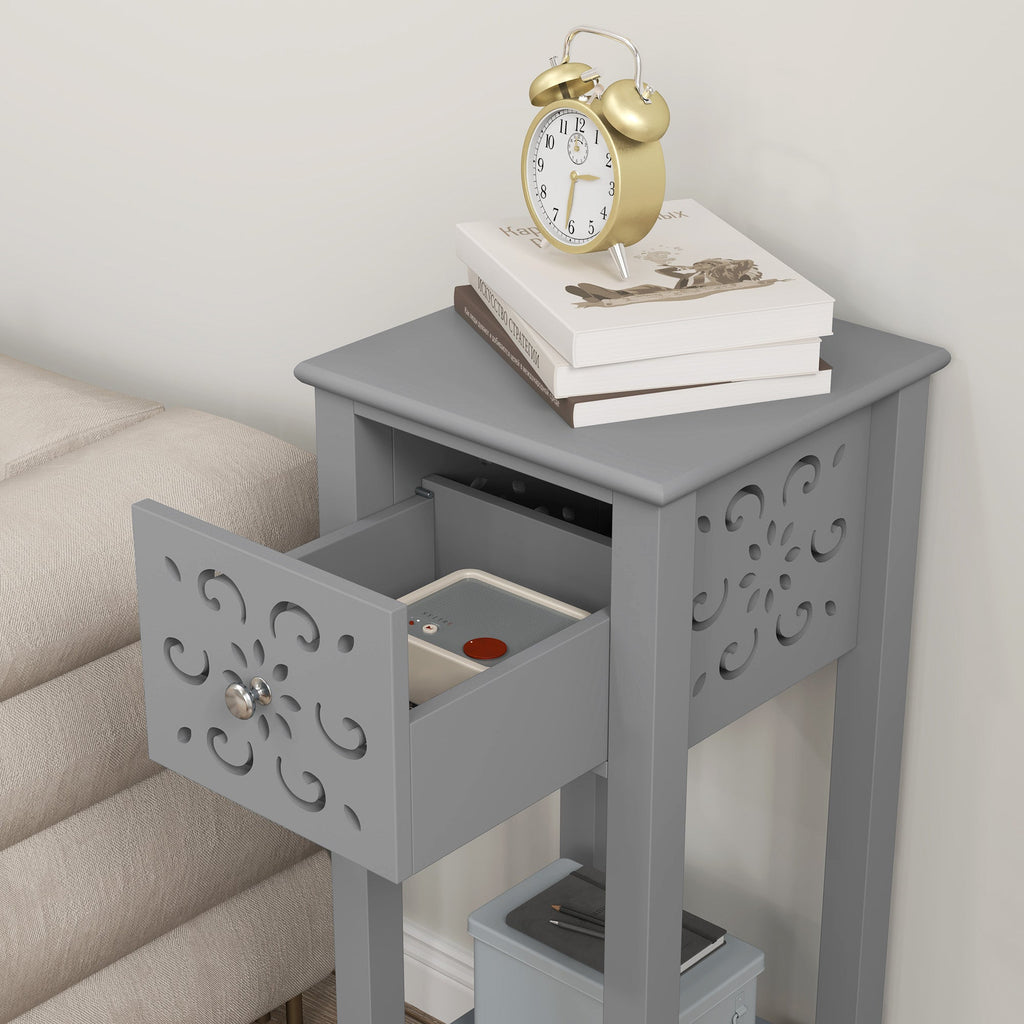 Bedside Table Set, End Table Set with Drawer and Storage Shelf, Grey