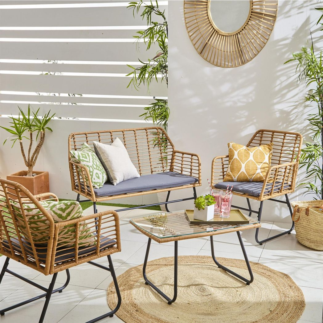 Grey Bamboo Style Garden Sofa, Table & Chairs 4 Piece Set