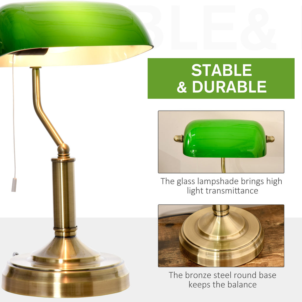 Banker's Table Lamps Set of 2, Desk Lamps with Antique Bronze Tone Base, Green Glass Shade and Pull Rope Switch for Home Office, Living Room, Bedroom, Dining Room, Green