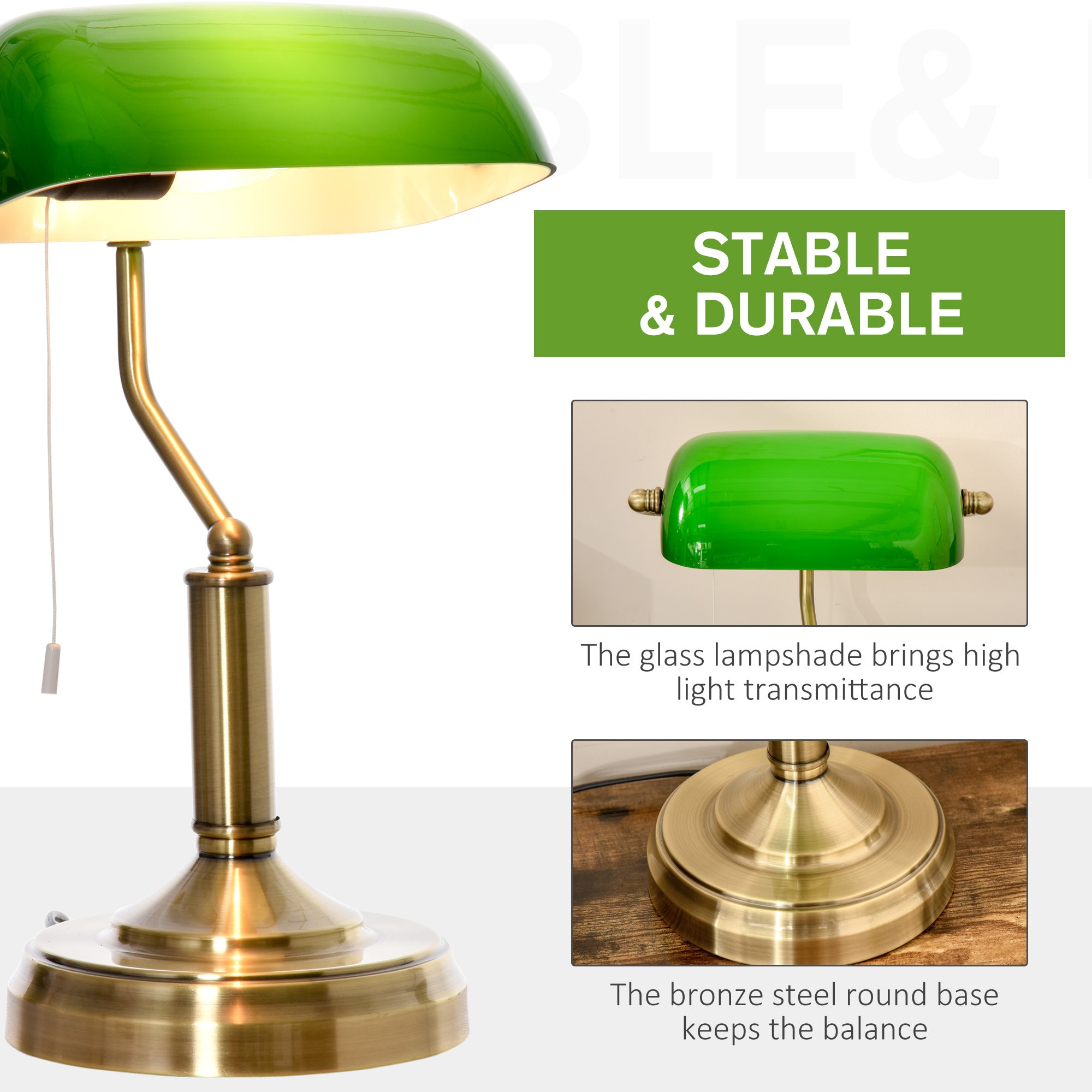 Banker's Table Lamps Set of 2, Desk Lamps with Antique Bronze Tone Base, Green Glass Shade and Pull Rope Switch for Home Office, Living Room, Bedroom, Dining Room, Green