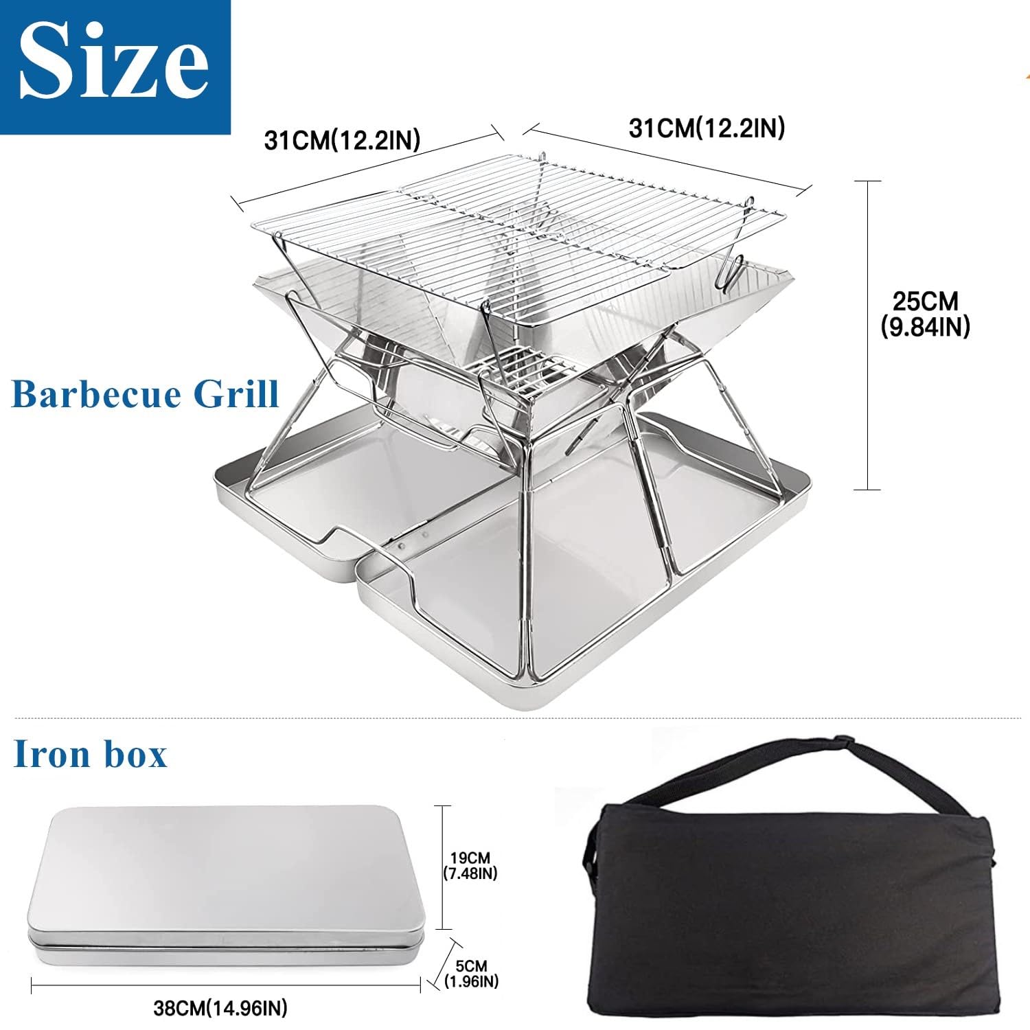 Stainless Steel Fire Pit, Foldable BBQ Grill Rack Portable Campfire Pit Liftable Wood Burning Charcoal Grill for Camping Picnic Patio Backyard