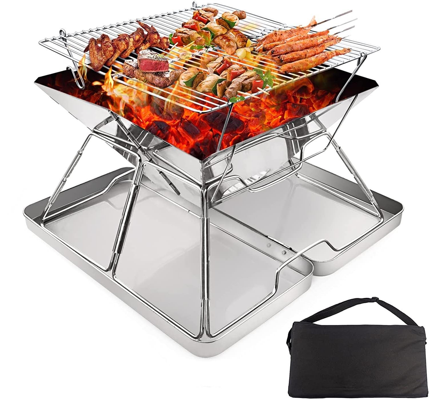 Stainless Steel Fire Pit, Foldable BBQ Grill Rack Portable Campfire Pit Liftable Wood Burning Charcoal Grill for Camping Picnic Patio Backyard