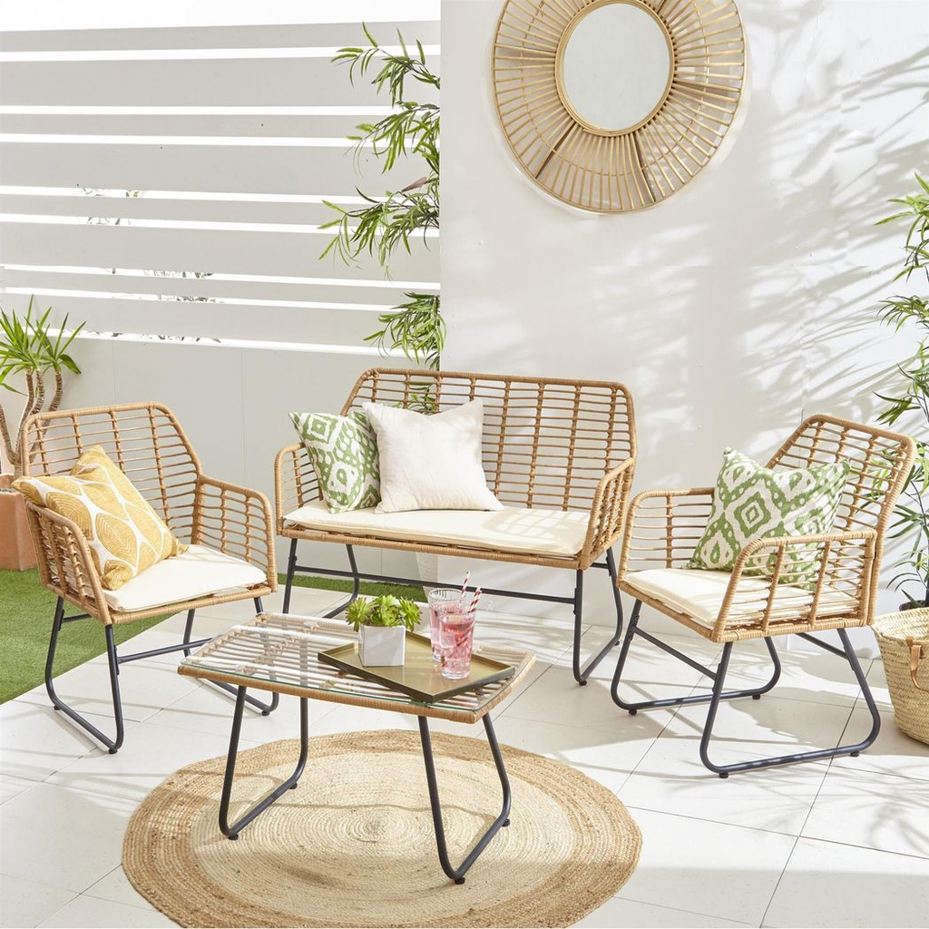 4 Piece Wicker Bamboo Style Garden Sofa, Table & Chairs Set