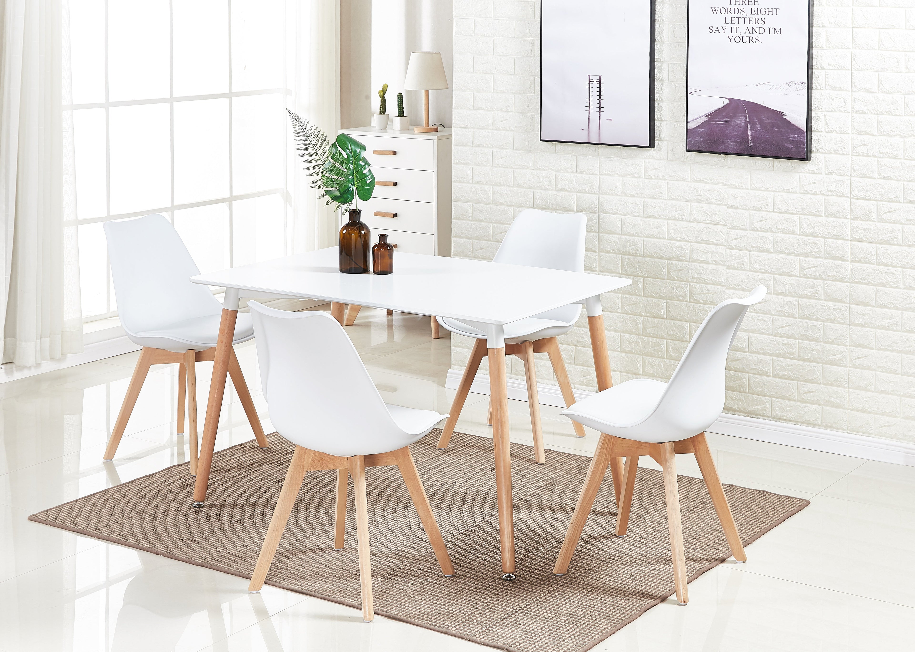 White Halo Dining Table & Set of 4 Lorenzo Jamie Tulip Dining Chairs with Padded Seat White