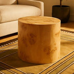 Natural Burl Wood Round Side Table with Drum Shape Design