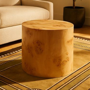 Natural Burl Wood Round Side Table with Drum Shape Design