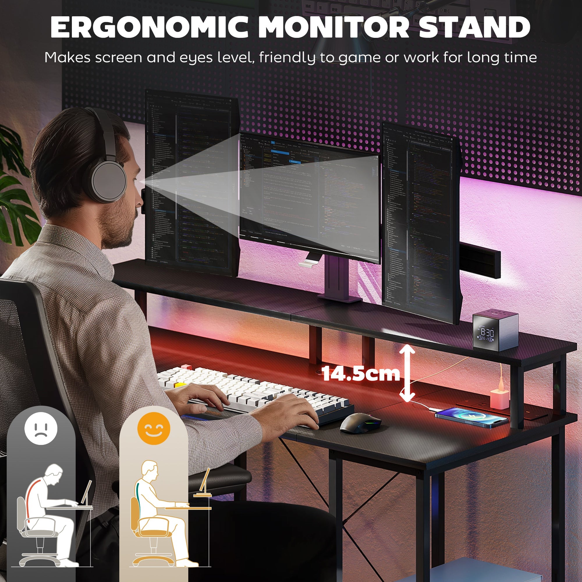 LED Computer Desk, with Power Outlets and Shelves - Carbon Fibre Grey