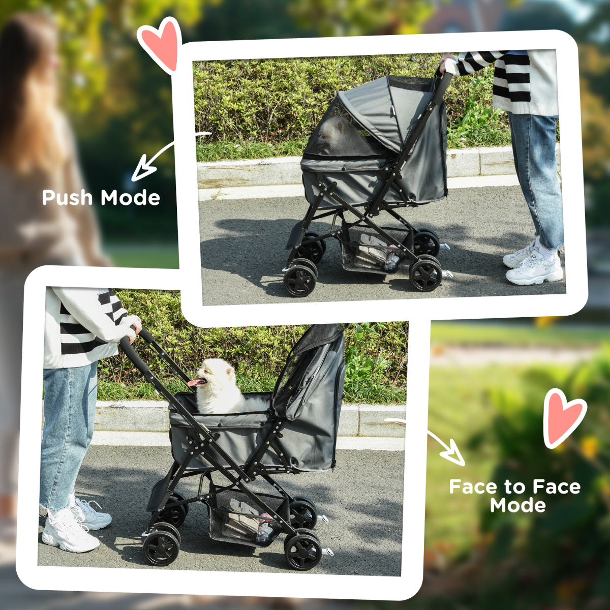 Pet Stroller - Foldable Dog Carriage w/ Reversible Handle - Grey