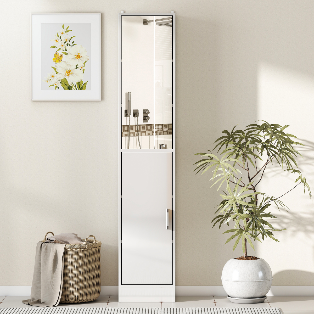Tall Bathroom Cabinet with Mirror, High Gloss White