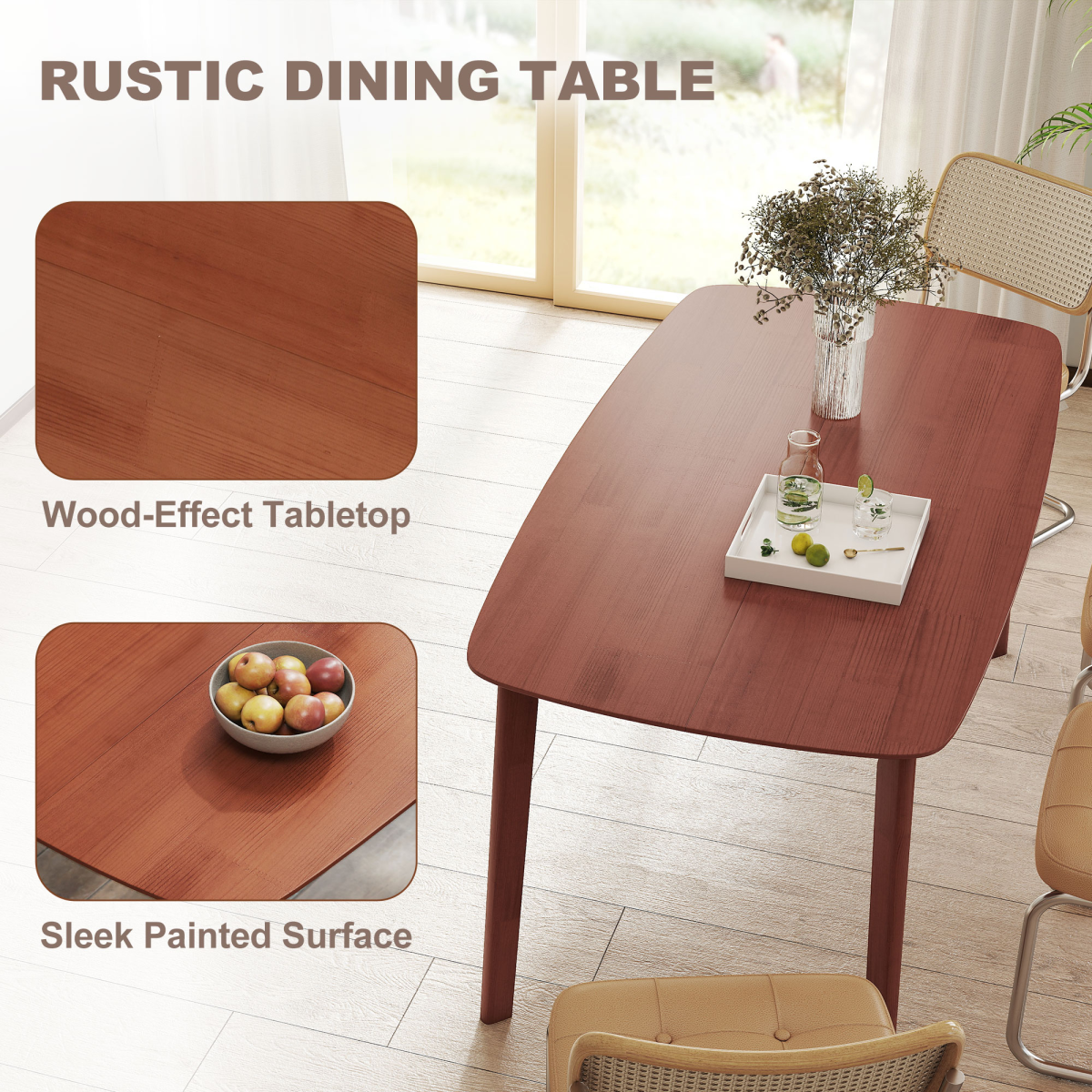 150 cm Rectangular Dining Table with Solid Wood Frame, Light Brown
