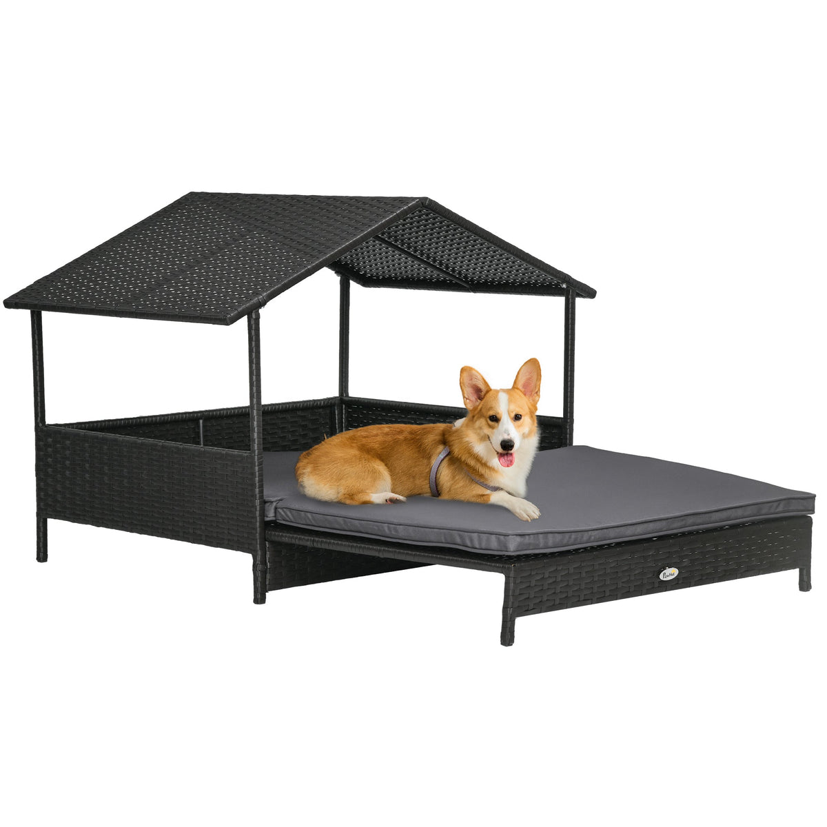 Extendable Rattan Dog House with Water-Resistant Roof, Cushion Grey
