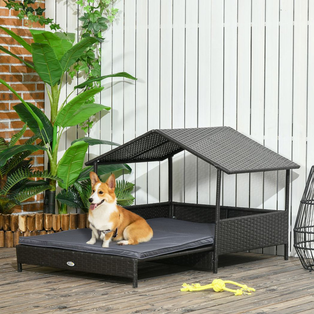 Extendable Rattan Dog House with Water-Resistant Roof, Cushion