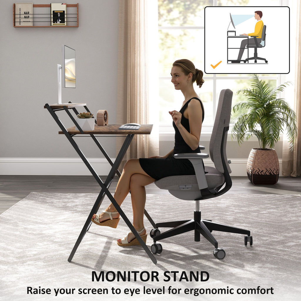 Folding Computer Desk with Monitor Shelf - Rustic Brown 81.5 cm