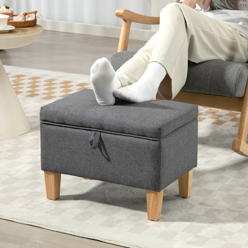 16L Linen Storage Ottoman Padded Footstool with Rubberwood Legs, Charcoal Grey