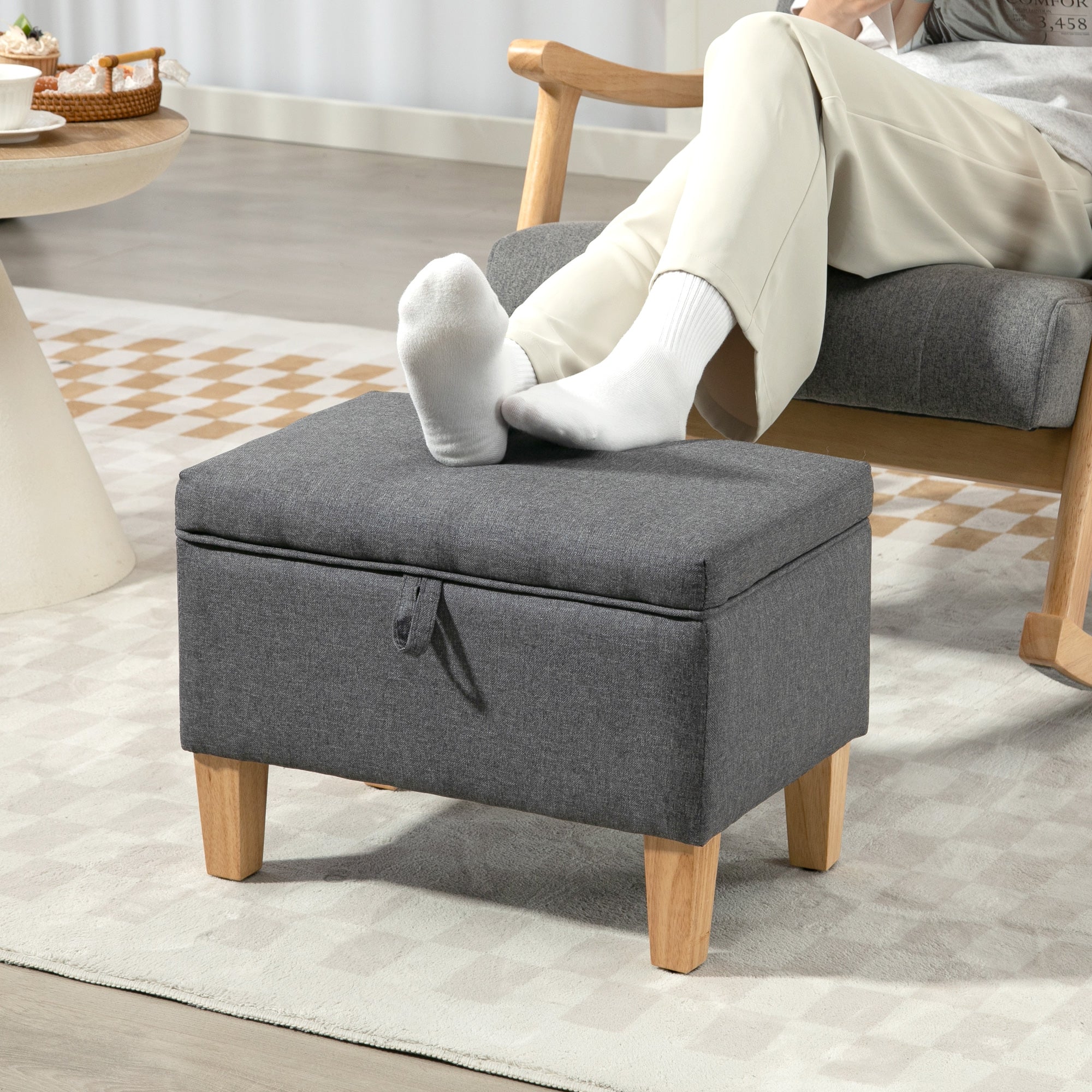 16L Linen Storage Ottoman Padded Footstool with Rubberwood Legs, Charcoal Grey