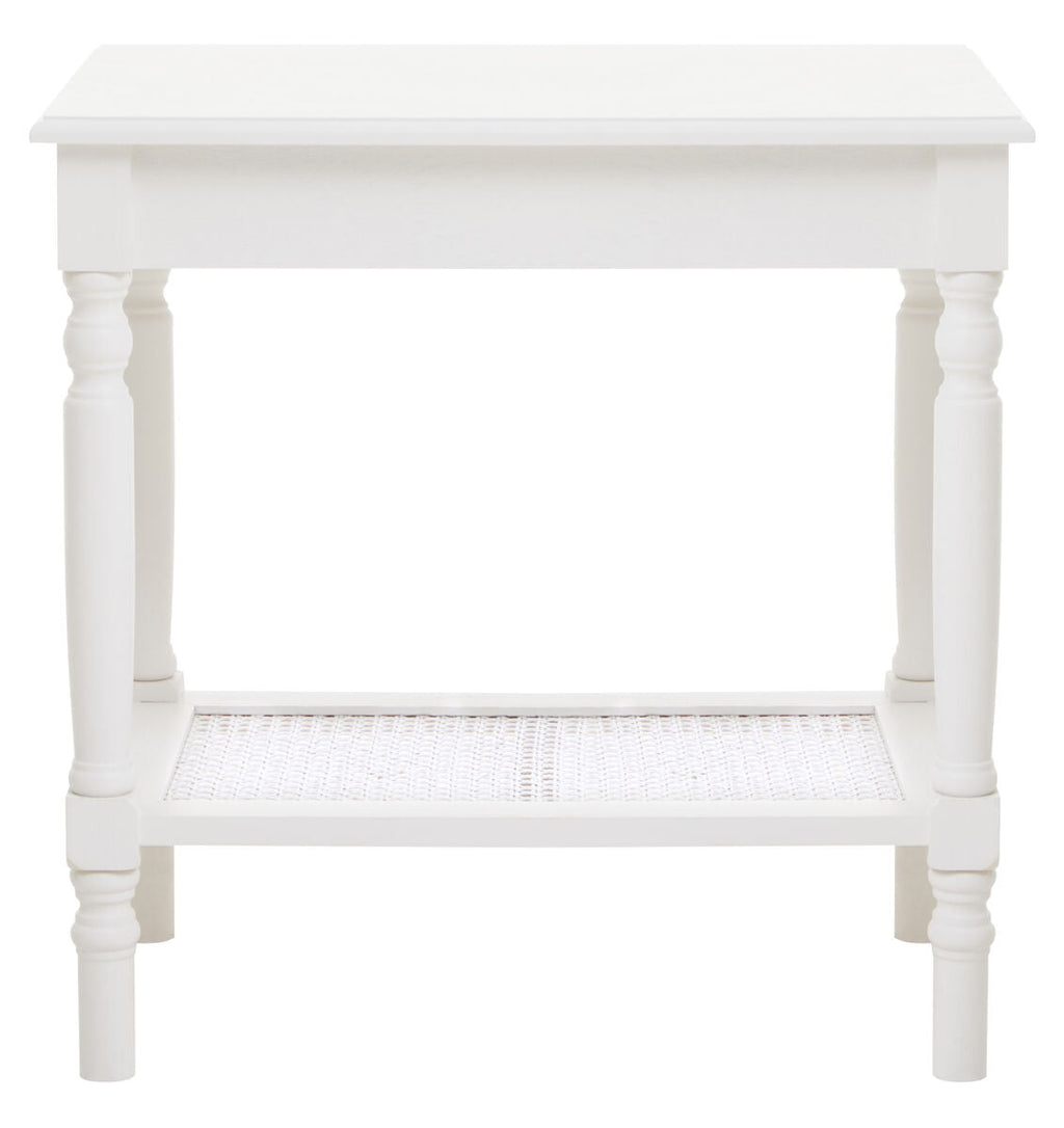 White Wooden Side Table with Rattan Shelf