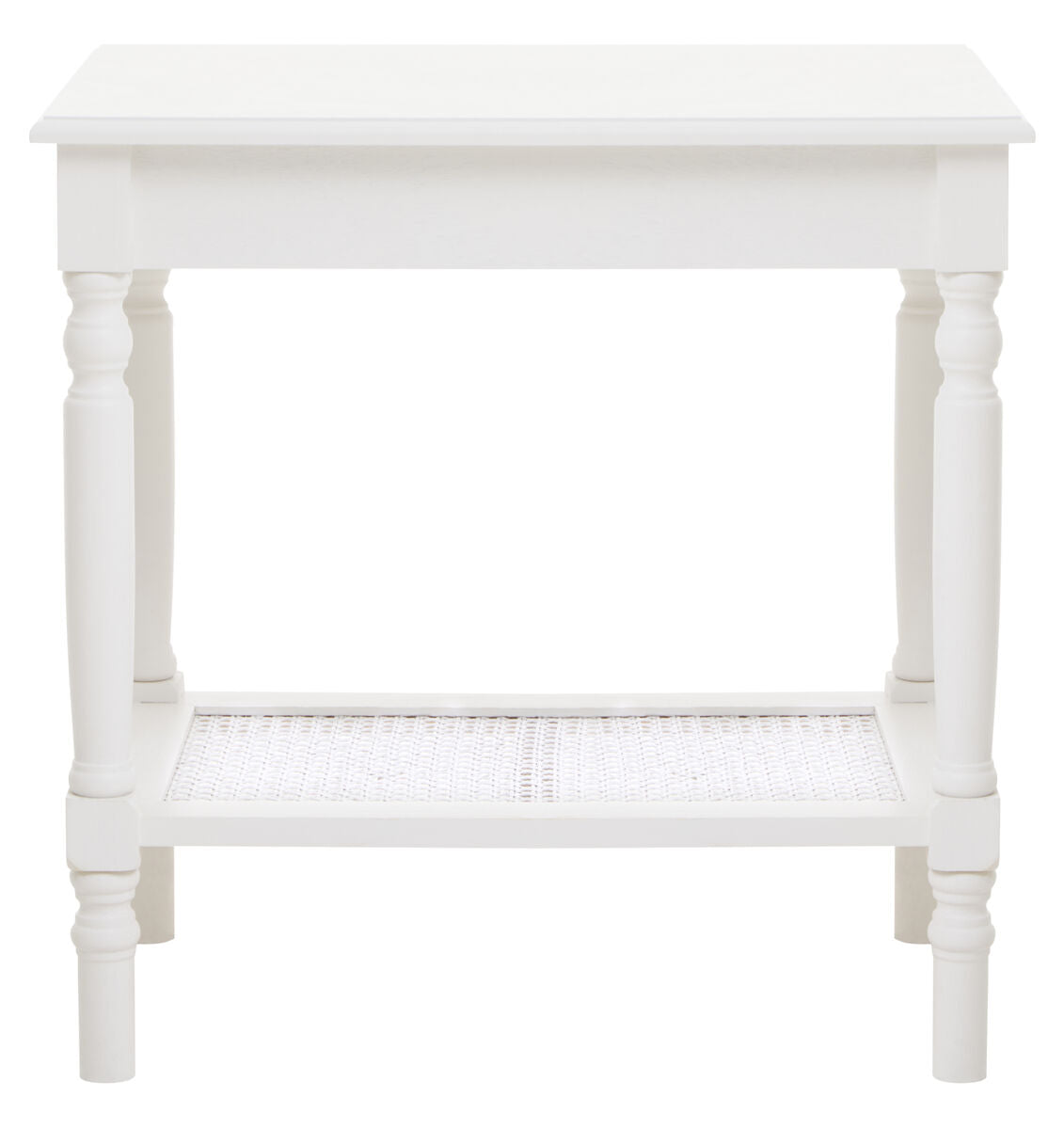 White Wooden Side Table with Rattan Shelf