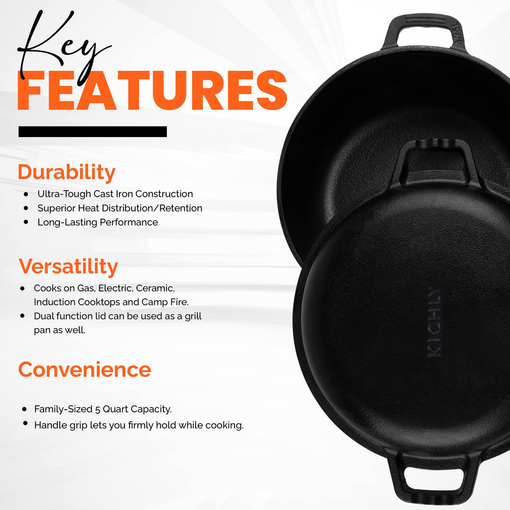 4.7L/5.0 Quart Pre Seasoned Cast Iron Pan, Dutch Oven with Lid, Dual Function Griddle Pan, 10.6 Inch (27 cm), Casted Pot with lid, Casserole