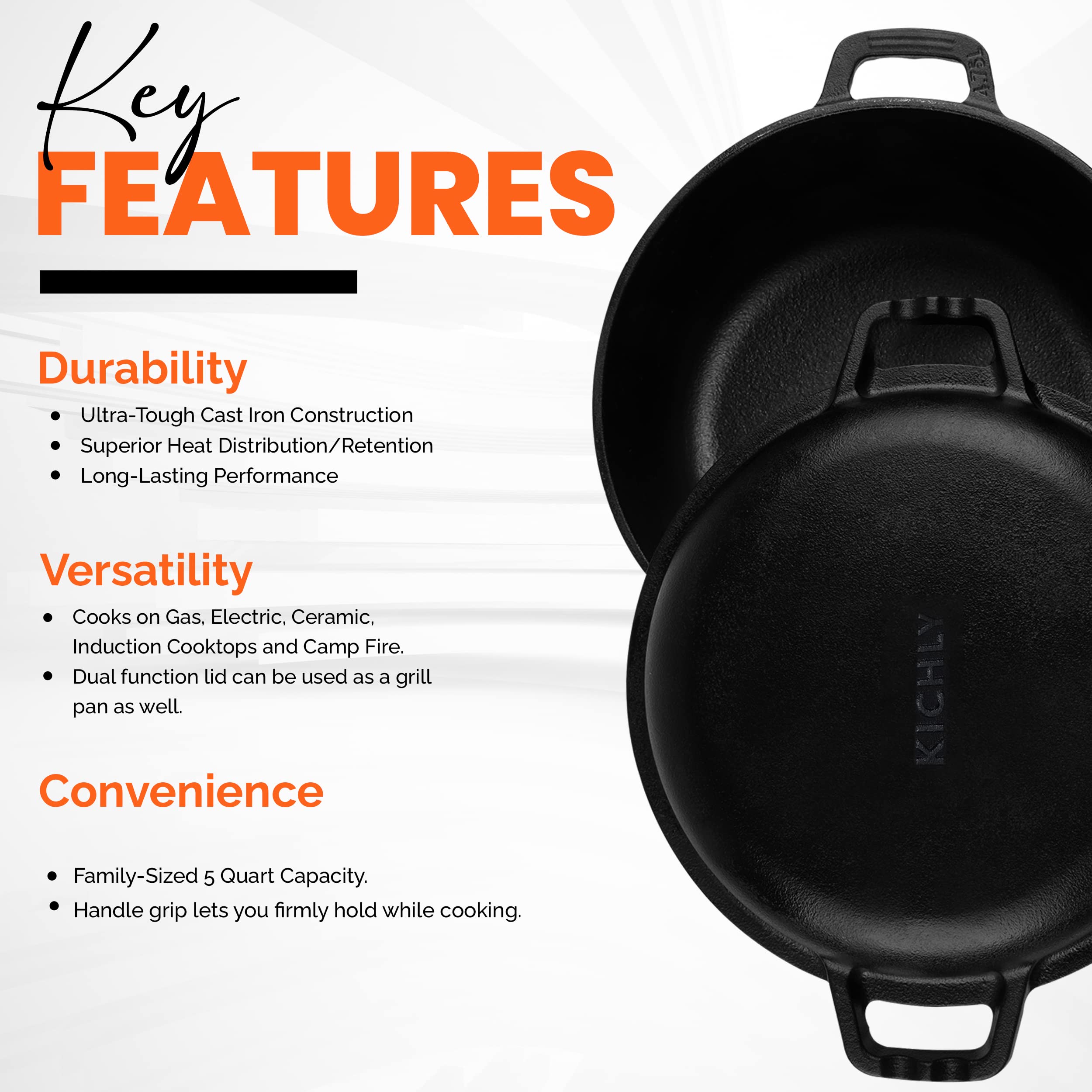 4.7L/5.0 Quart Pre Seasoned Cast Iron Pan, Dutch Oven with Lid, Dual Function Griddle Pan, 10.6 Inch (27 cm), Casted Pot with lid, Casserole