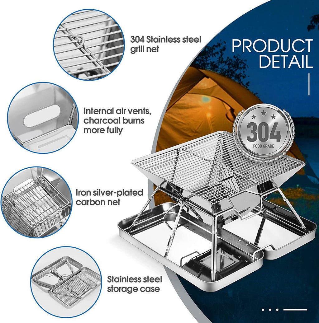 Stainless Steel Fire Pit, Foldable BBQ Grill Rack Portable Campfire Pit Liftable Wood Burning Charcoal Grill for Camping Picnic Patio Backyard
