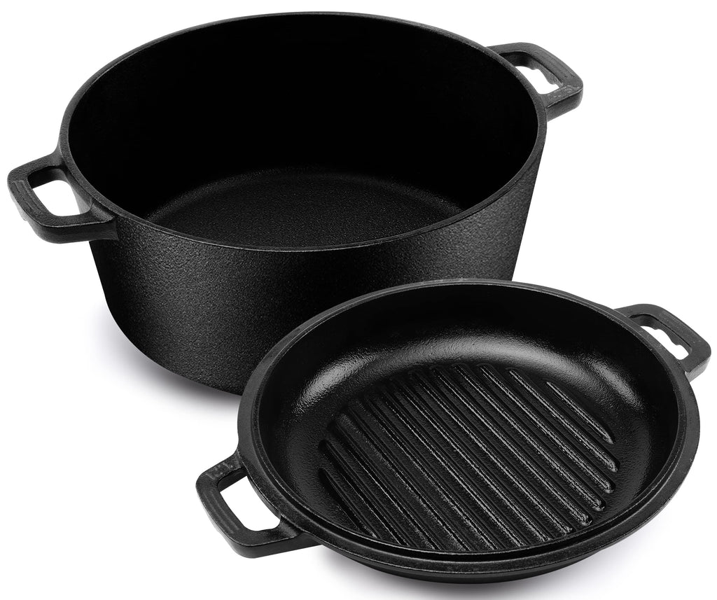 4.7L/5.0 Quart Pre Seasoned Cast Iron Pan, Dutch Oven with Lid, Dual Function Griddle Pan, 10.6 Inch (27 cm), Casted Pot with lid, Casserole