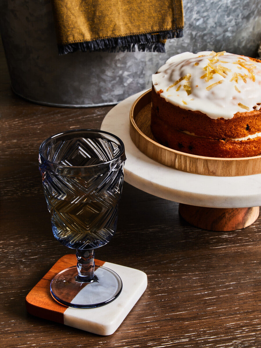 Round White Marble and Acacia Wood Cake Stand