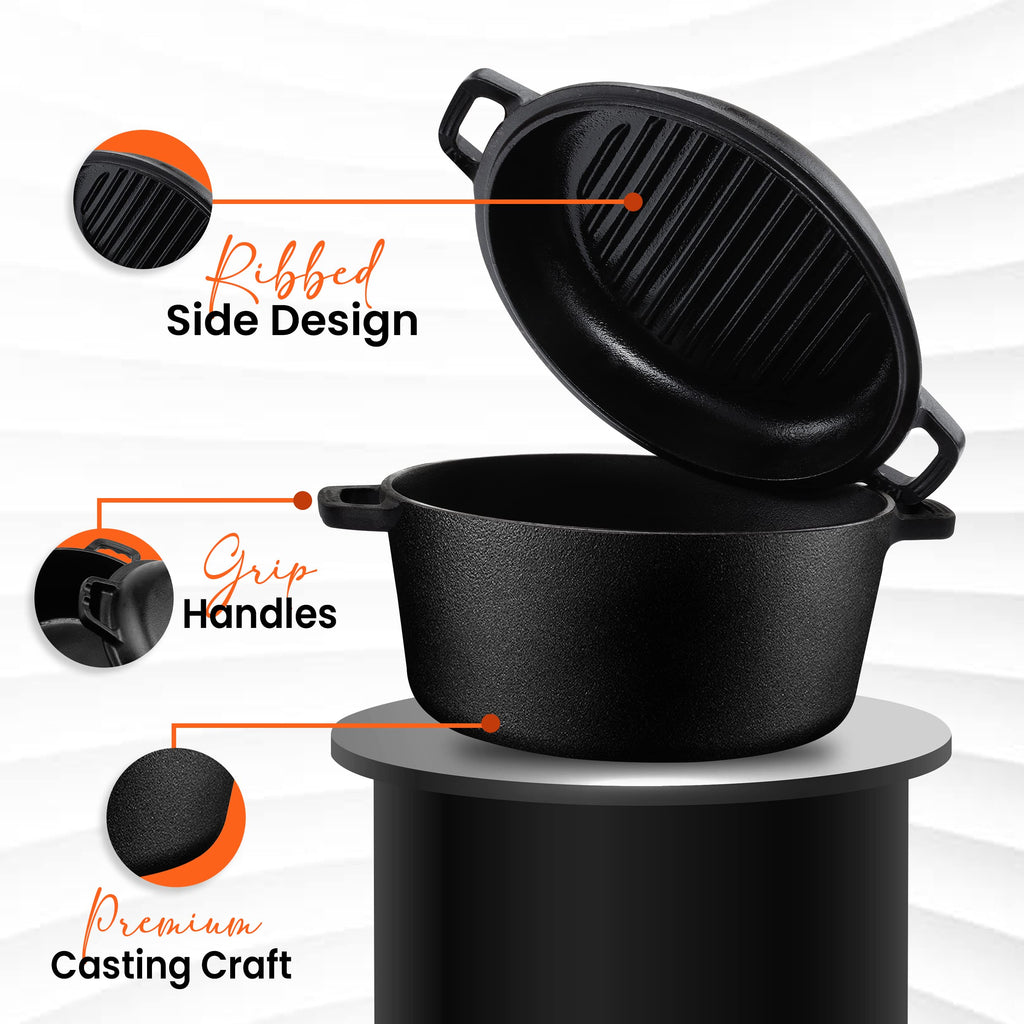 4.7L/5.0 Quart Pre Seasoned Cast Iron Pan, Dutch Oven with Lid, Dual Function Griddle Pan, 10.6 Inch (27 cm), Casted Pot with lid, Casserole