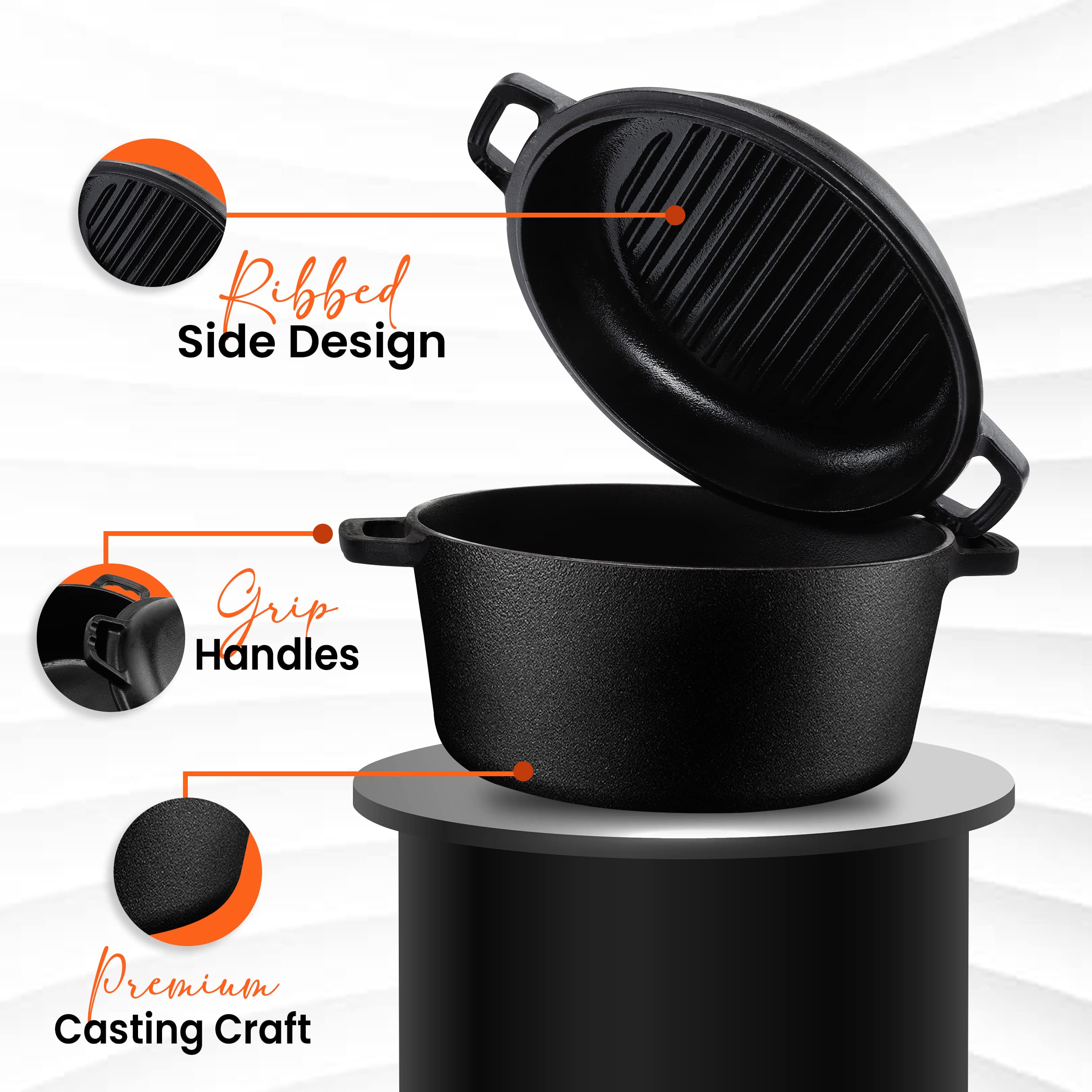 4.7L/5.0 Quart Pre Seasoned Cast Iron Pan, Dutch Oven with Lid, Dual Function Griddle Pan, 10.6 Inch (27 cm), Casted Pot with lid, Casserole