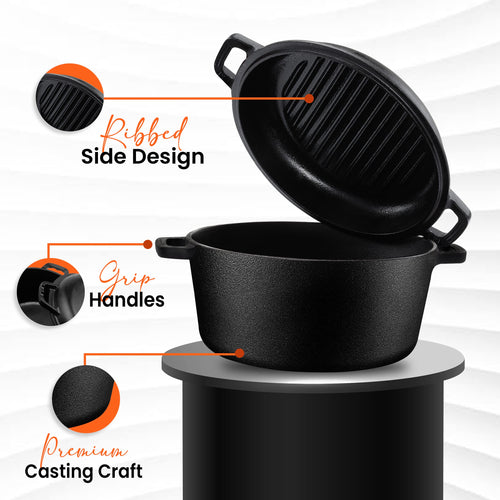 4.7L/5.0 Quart Pre Seasoned Cast Iron Pan, Dutch Oven with Lid, Dual Function Griddle Pan, 10.6 Inch (27 cm), Casted Pot with lid, Casserole