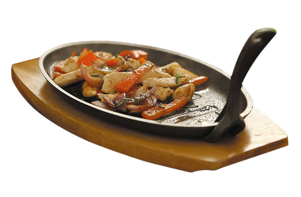 Large Cast Iron Sizzler Dish with Wooden Tray