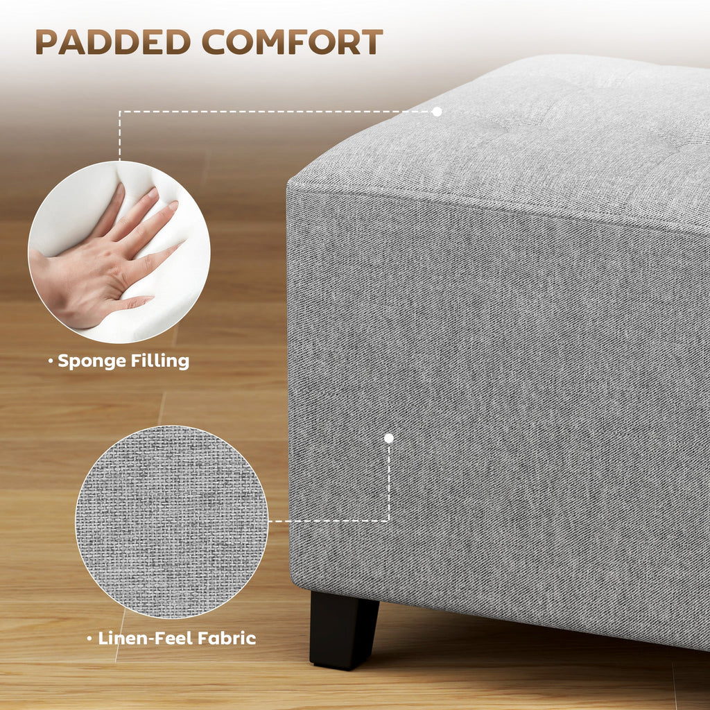 Square Footstool, Small Ottoman with Side Pocket, Linen Fabric Footrest with Rubber Wood Legs and Padded Seat, Light Grey