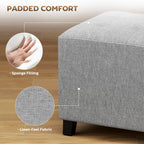 Square Footstool, Small Ottoman with Side Pocket, Linen Fabric Footrest with Rubber Wood Legs and Padded Seat, Light Grey