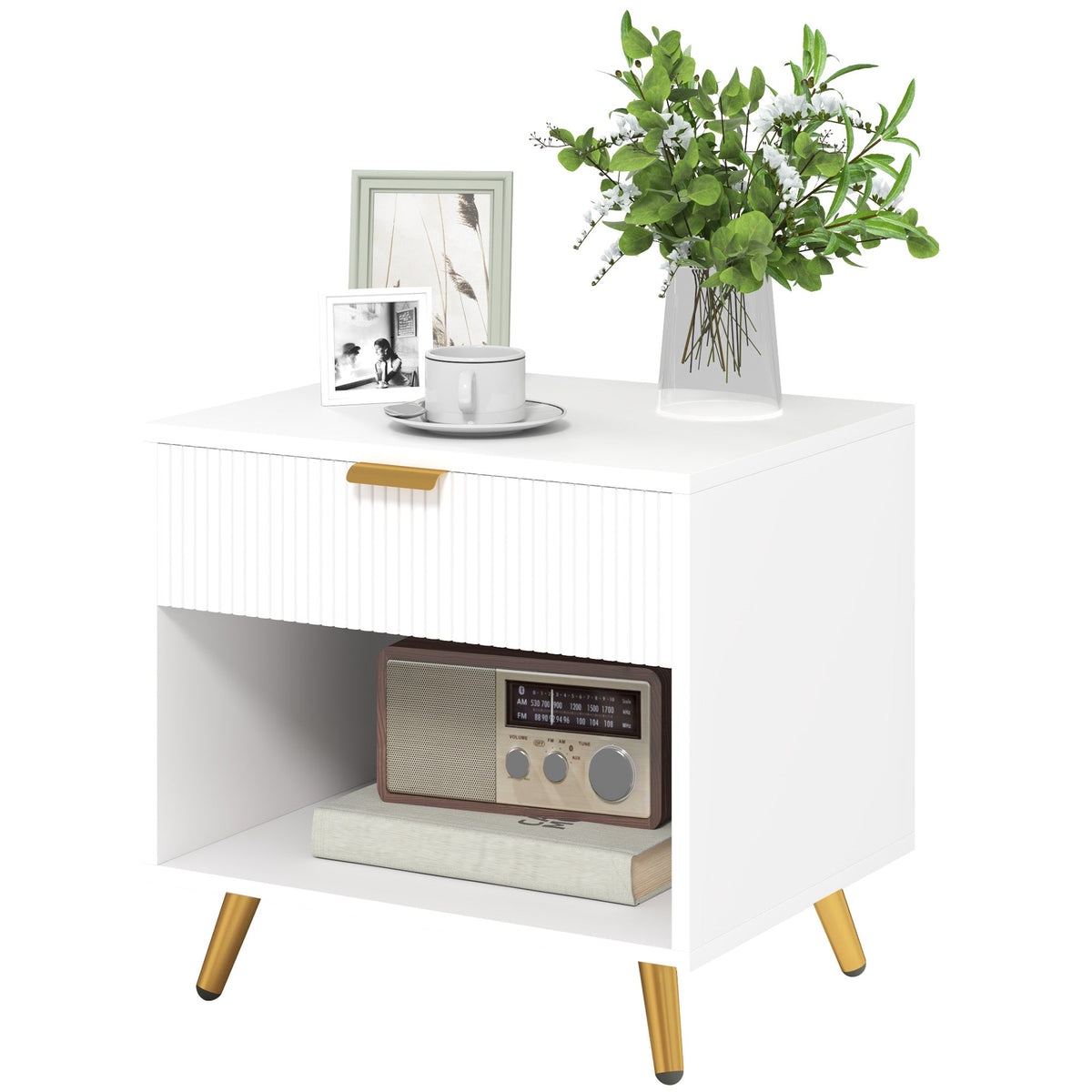 Small Table With Drawer, Open Compartment and Handle White
