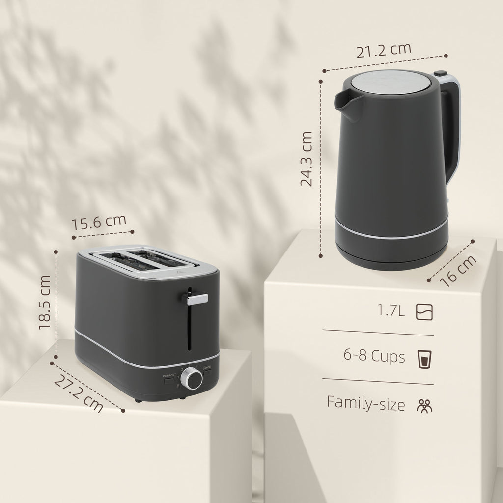 1.7L 3000W Fast Boil Electric Kettle and 2 Slice Toaster Set, Grey