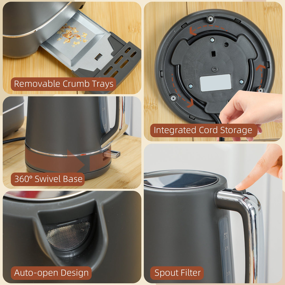 1.7L 3000W Fast Boil Electric Kettle and 2 Slice Toaster Set, Grey
