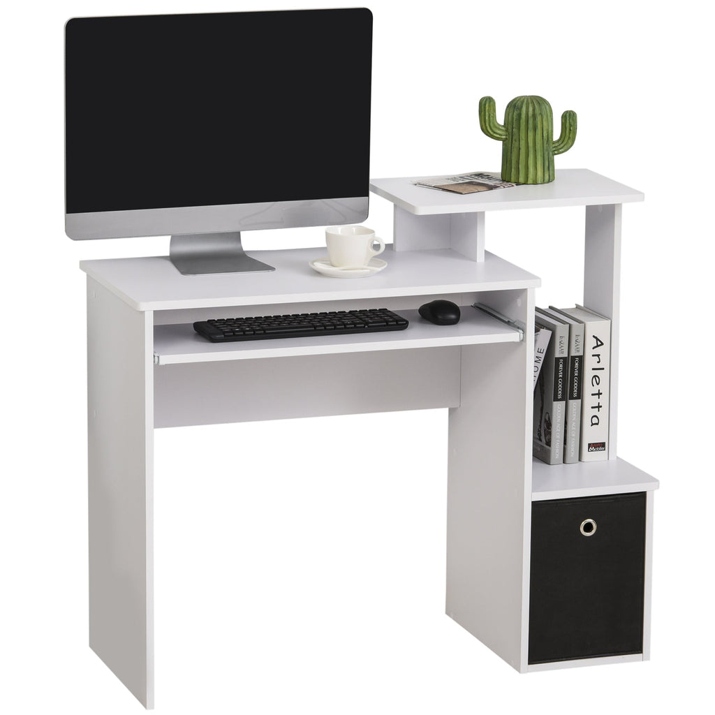 Computer Desk with Sliding Keyboard Tray, Storage Drawer and Shelf, Home Office Workstation, White White