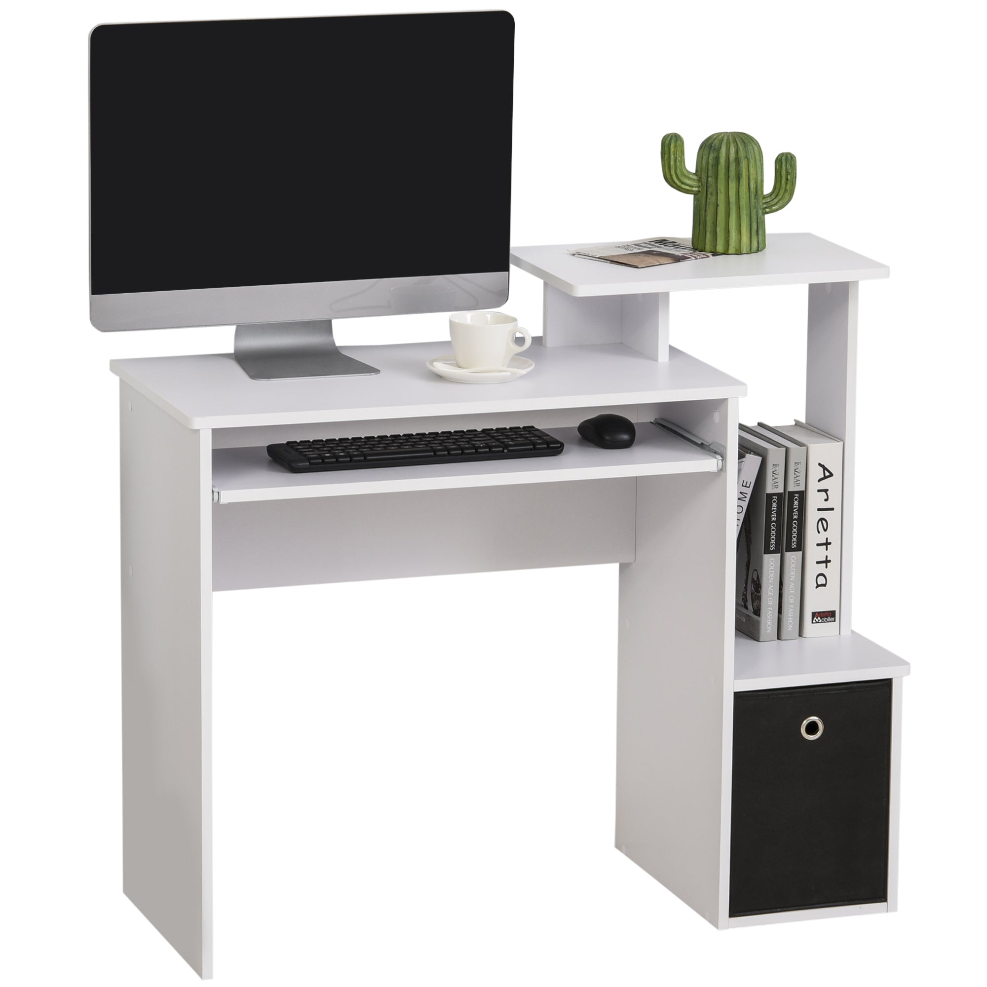 Computer Desk with Sliding Keyboard Tray, Storage Drawer and Shelf, Home Office Workstation, White White