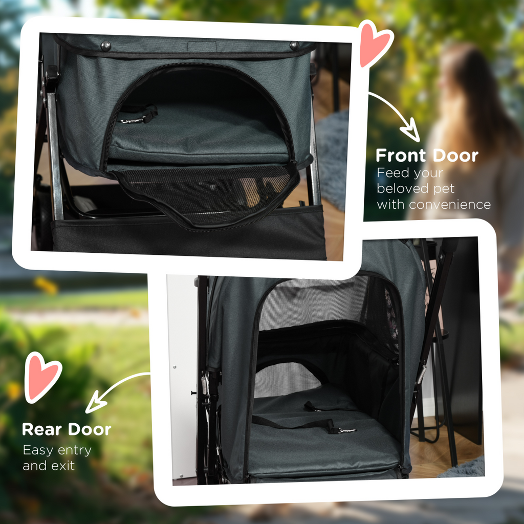 Pet Stroller - Foldable Dog Carriage w/ Reversible Handle - Grey