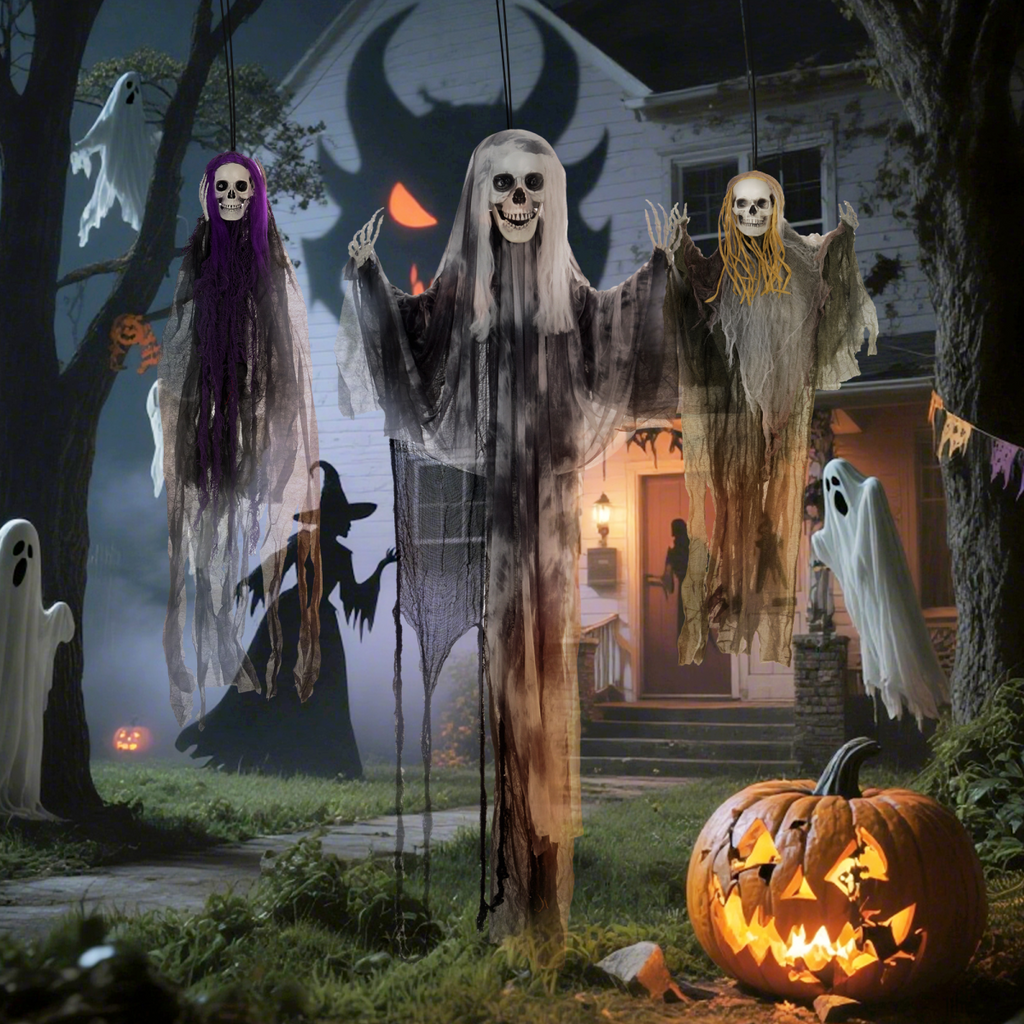 Set of 3 Hanging Skeleton, Flying Ghost Halloween Decorations