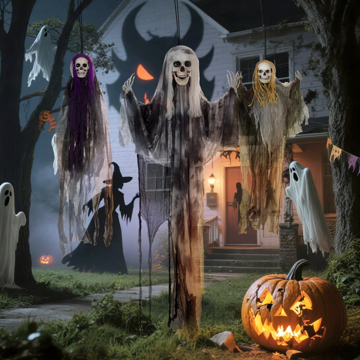 Set of 3 Hanging Skeleton, Flying Ghost Halloween Decorations