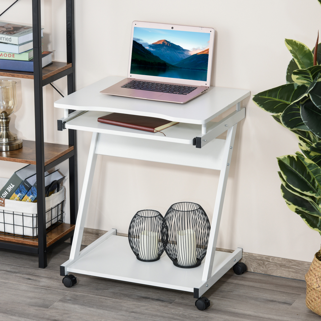 Movable Computer Desk with 4 Moving Wheels Sliding Keyboard Tray White