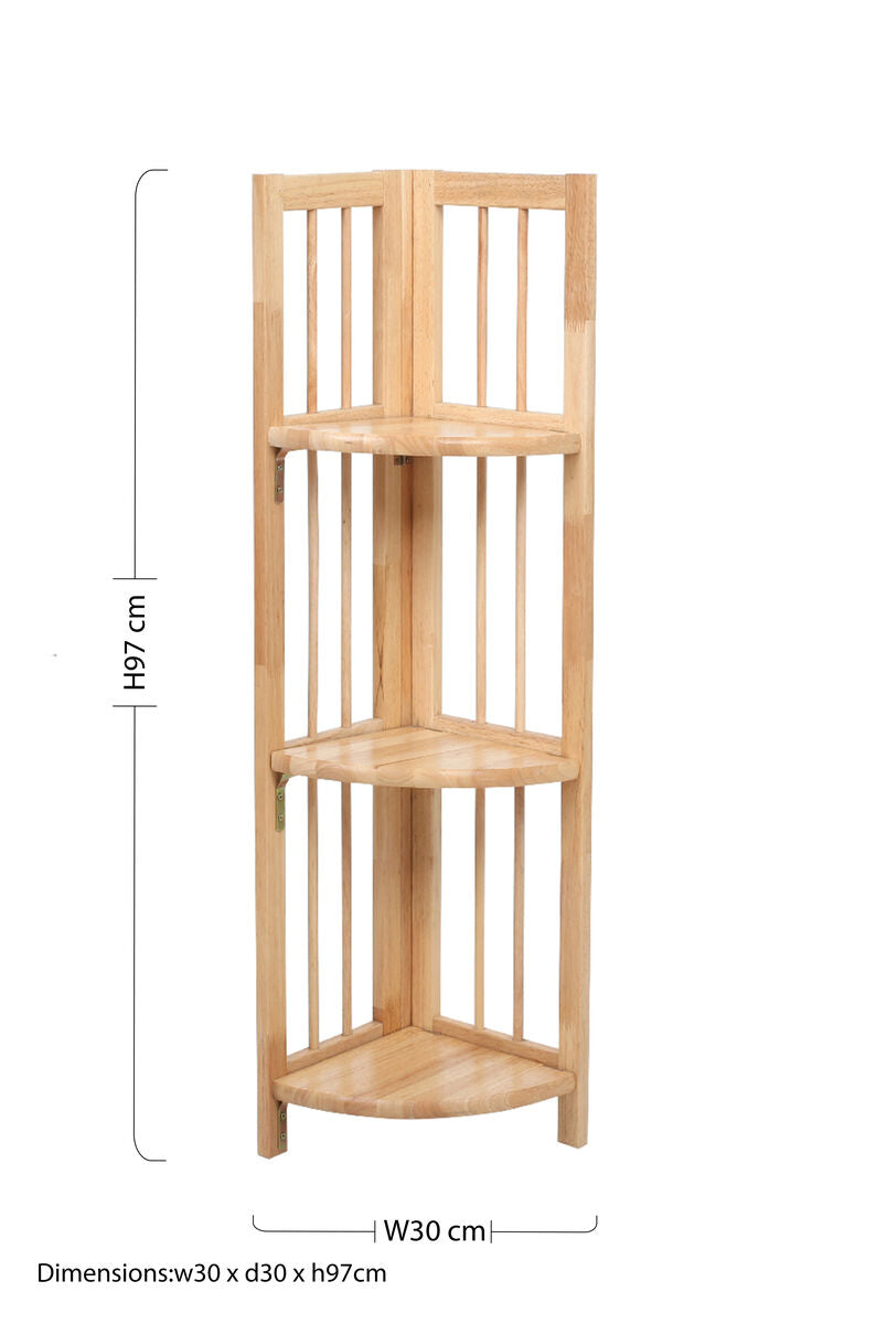 Natural Tropical Hevea Wood 3 Tier Corner Shelf Unit