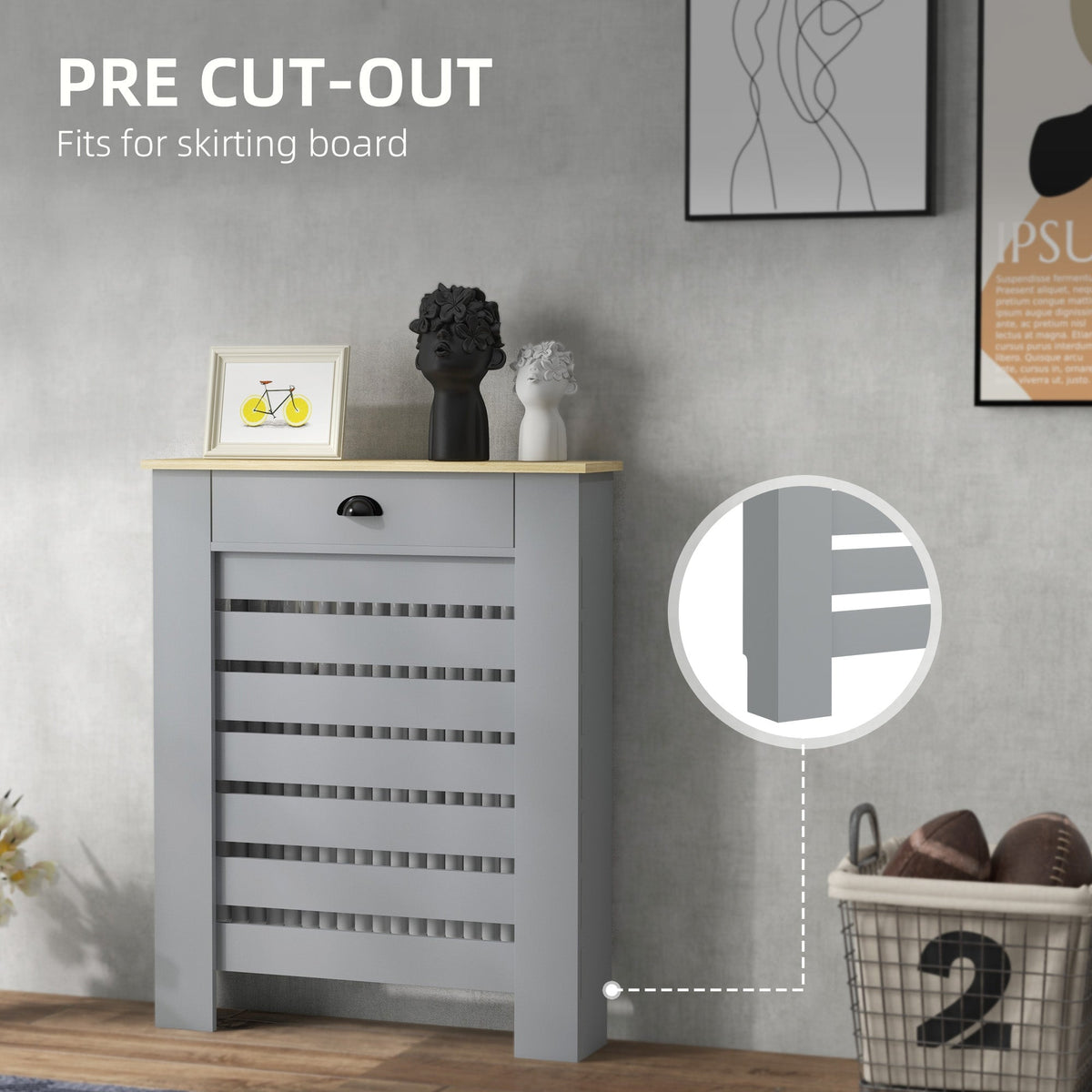 Radiator Cover with Drawer, Horizontal Slat, 78cm